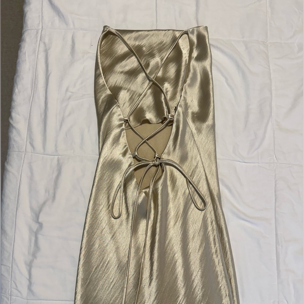 ASOS cami midi slip dress, high shine satin w/ lace up back, champagne, size 6 - Picture 6 of 11